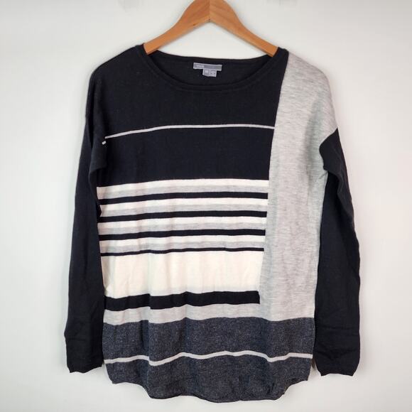 Vince Colorblock Stripe Merino Sweater XS Lightweight Wool Black Gray - Picture 2 of 7